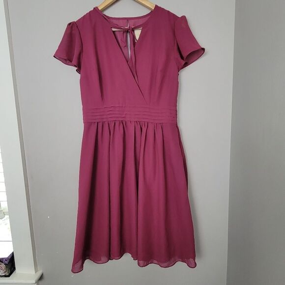 Modcloth V Neck Cap Sleeve Smocked Waist Dress Medium in Raspberry - Picture 1 of 4